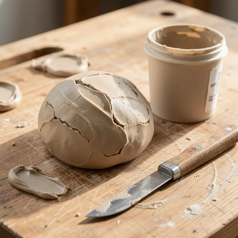 Pate de mastic vitrier beige malaxee a la main a cote d un couteau de vitrier sur un etabli bois