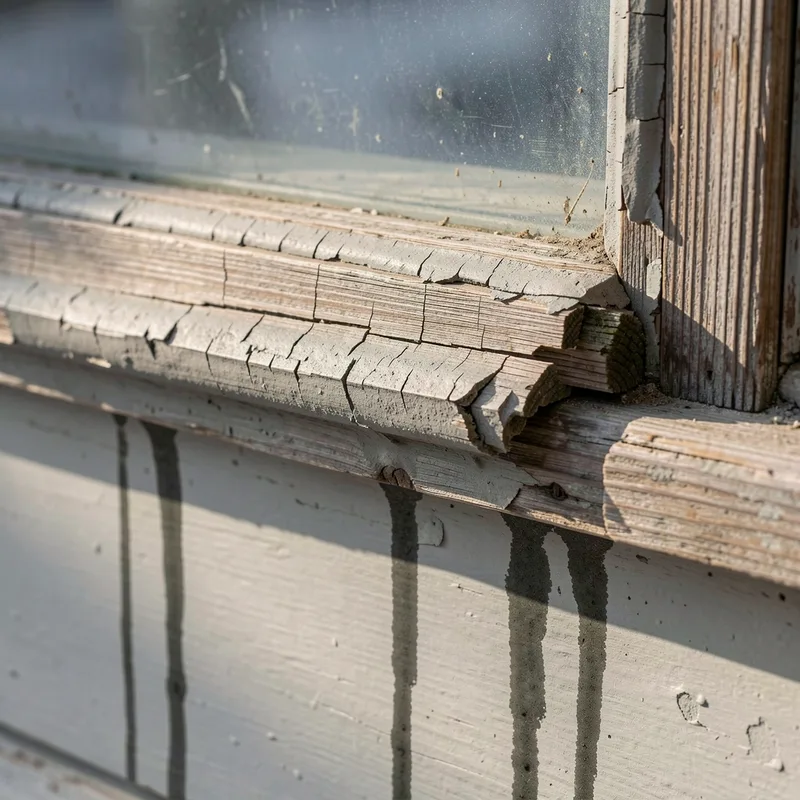 Fenetre bois ancienne a petits bois dont le cordon de mastic craquele s ecaille en pied de vantail