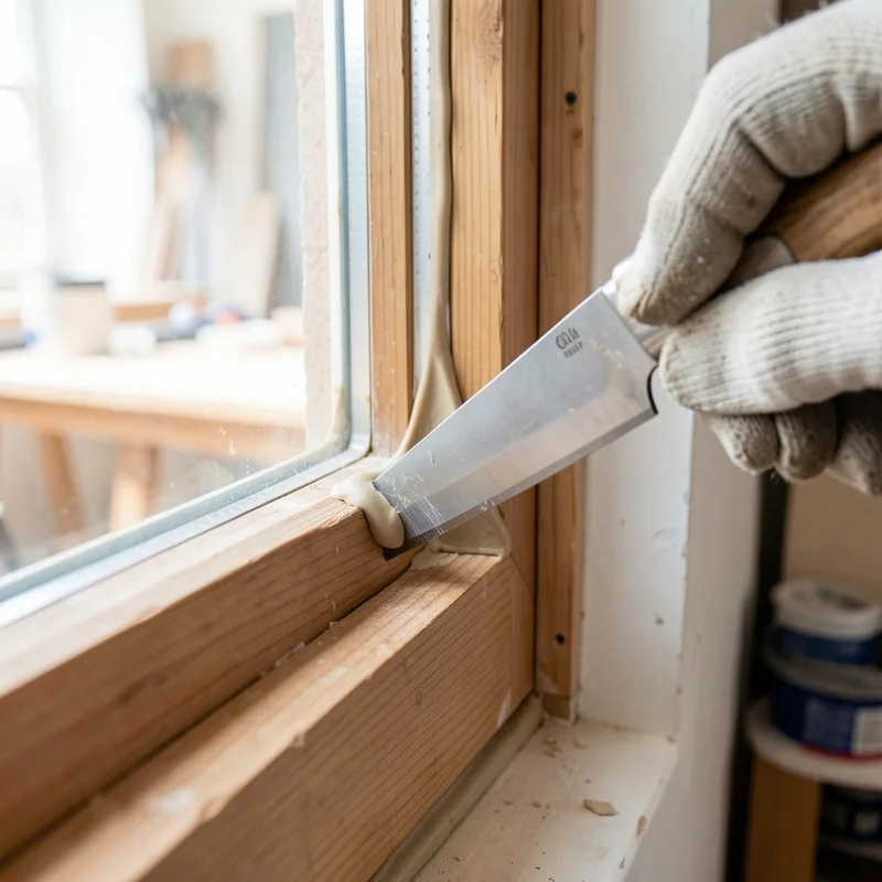 Main gantee lissant au couteau un cordon triangulaire de mastic vitrier dans la feuillure d une fenetre bois