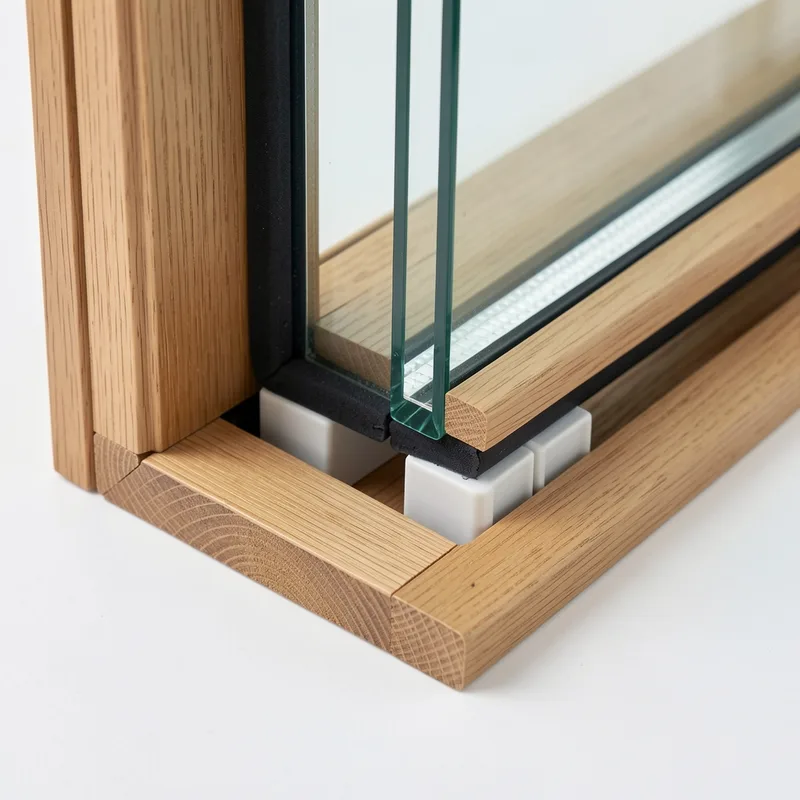 Detail d un double vitrage pose sur cales dans une feuillure drainee maintenu par une parclose bois