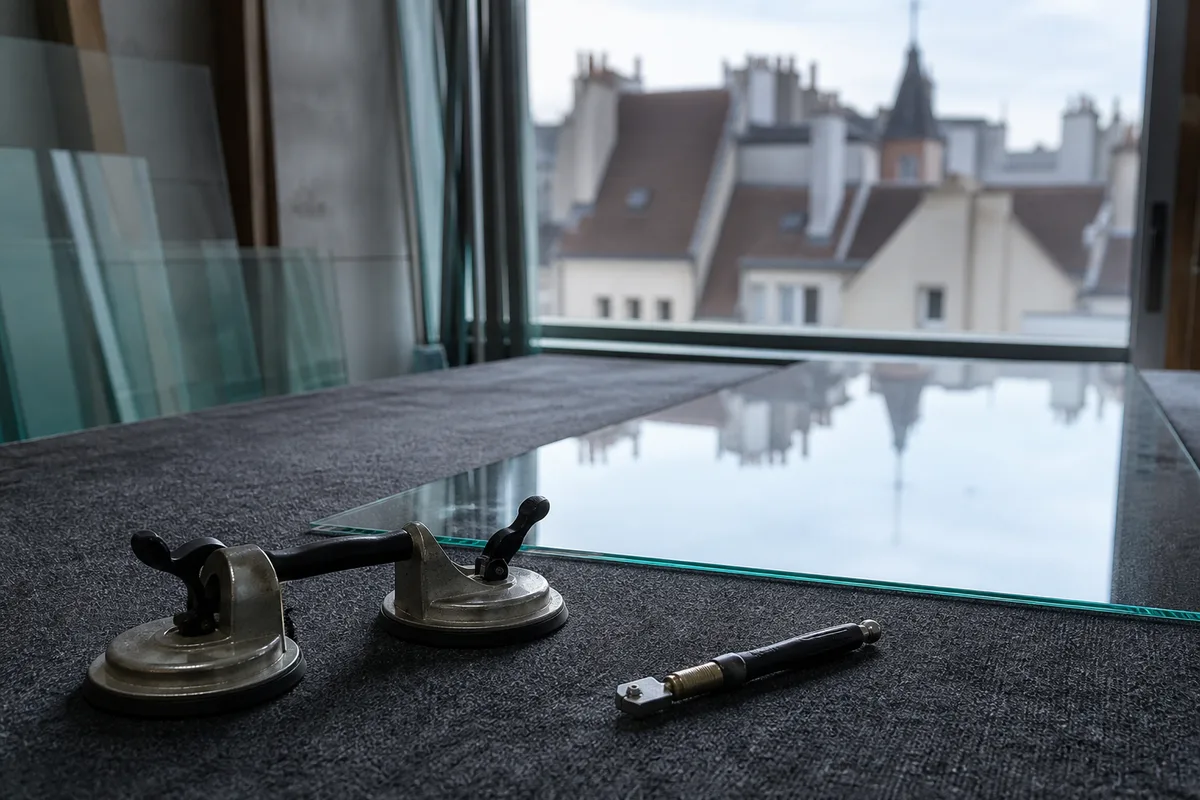 Feuille de verre float posée sur une table de découpe d&rsquo;atelier