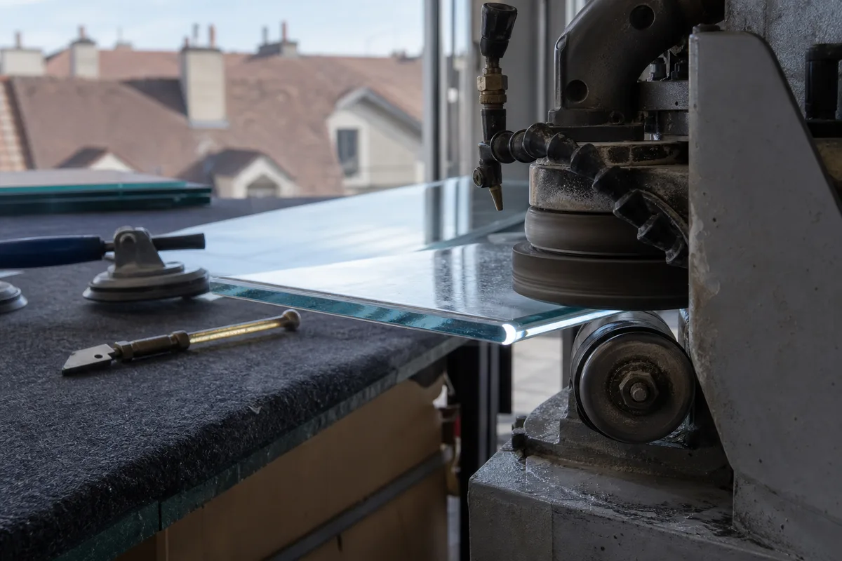 Chant d&rsquo;une plaque de verre en cours de façonnage sur bordeuse