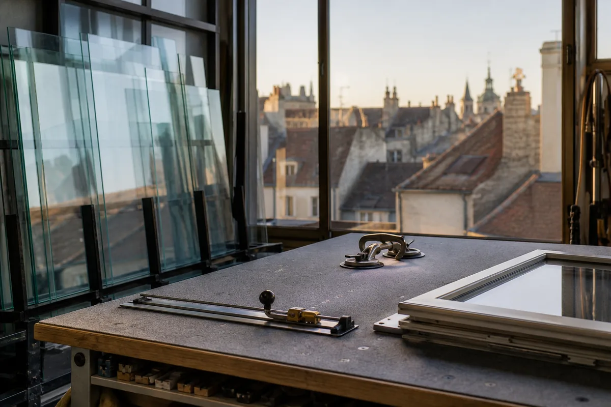Verrière d'atelier aux petits bois blancs reflétant les toits de tuiles vernissées de Dijon