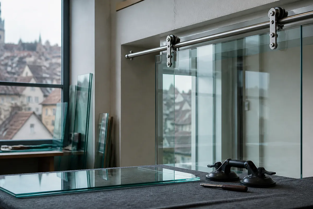 Rail de porte coulissante en verre fixé au-dessus d&rsquo;une ouverture
