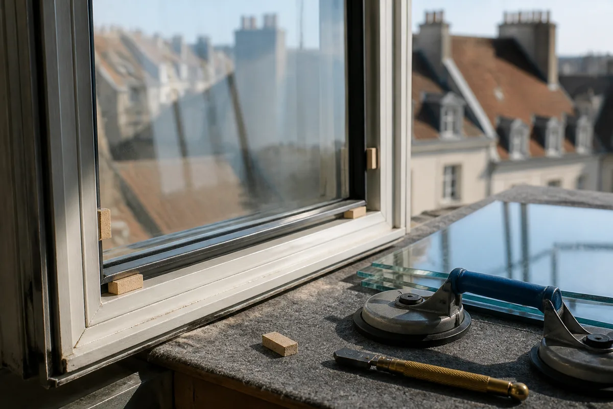 Pose d&rsquo;un double vitrage neuf sur châssis existant avec cales périphériques