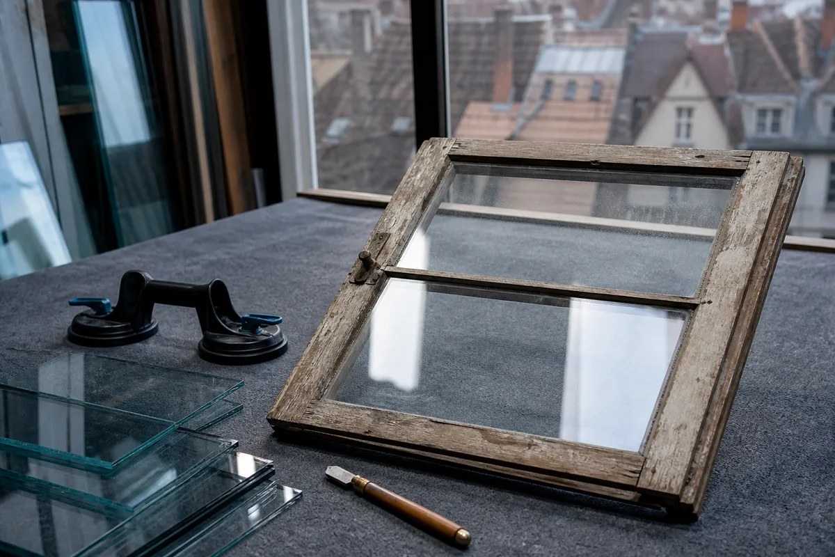 Fenêtre bois ancienne à simple vitrage examinée avant travaux de rénovation
