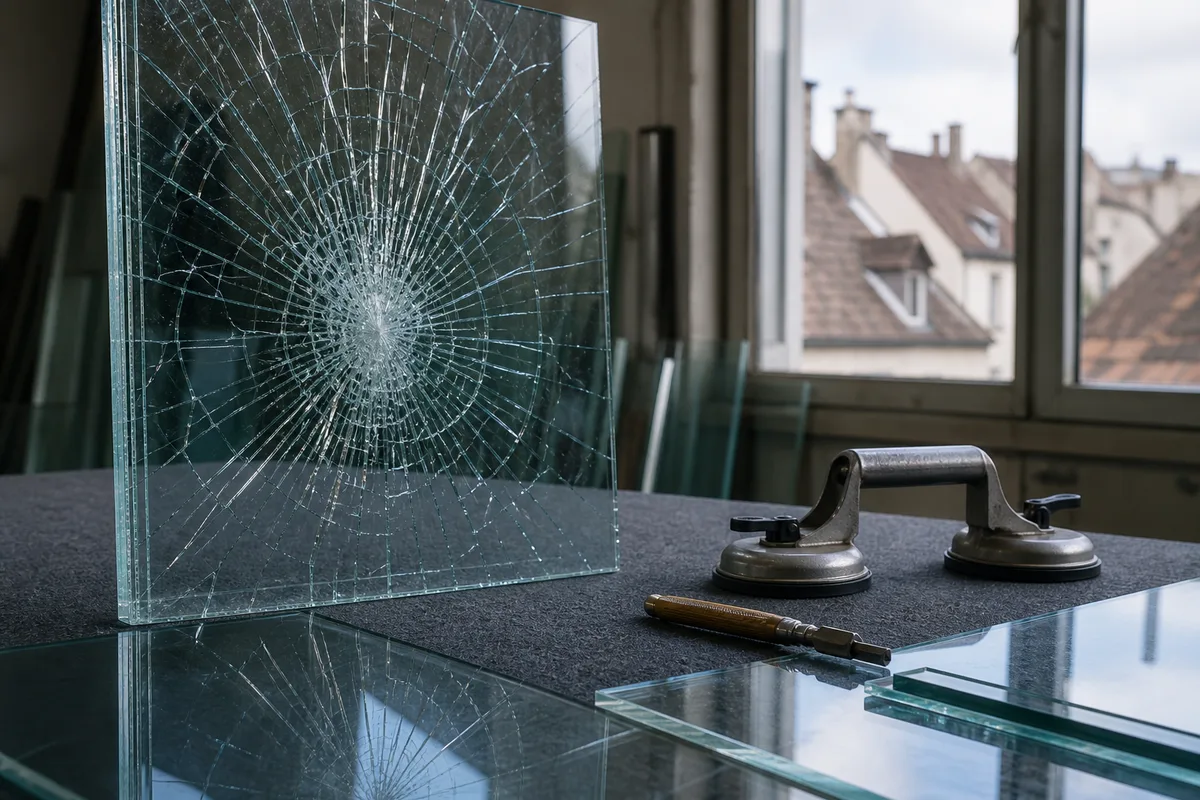 Vitrage feuilleté de sécurité fissuré mais restant en place après un choc