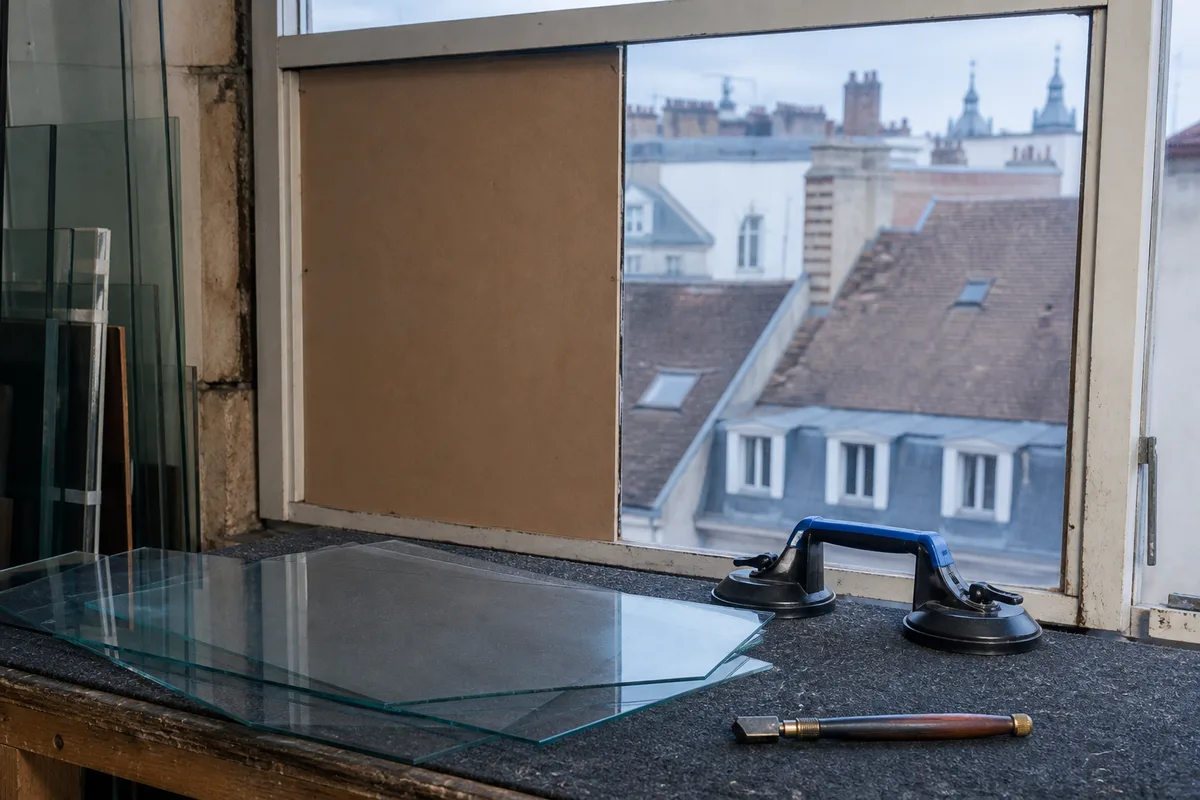 Fenêtre à vitre brisée sécurisée par un panneau provisoire